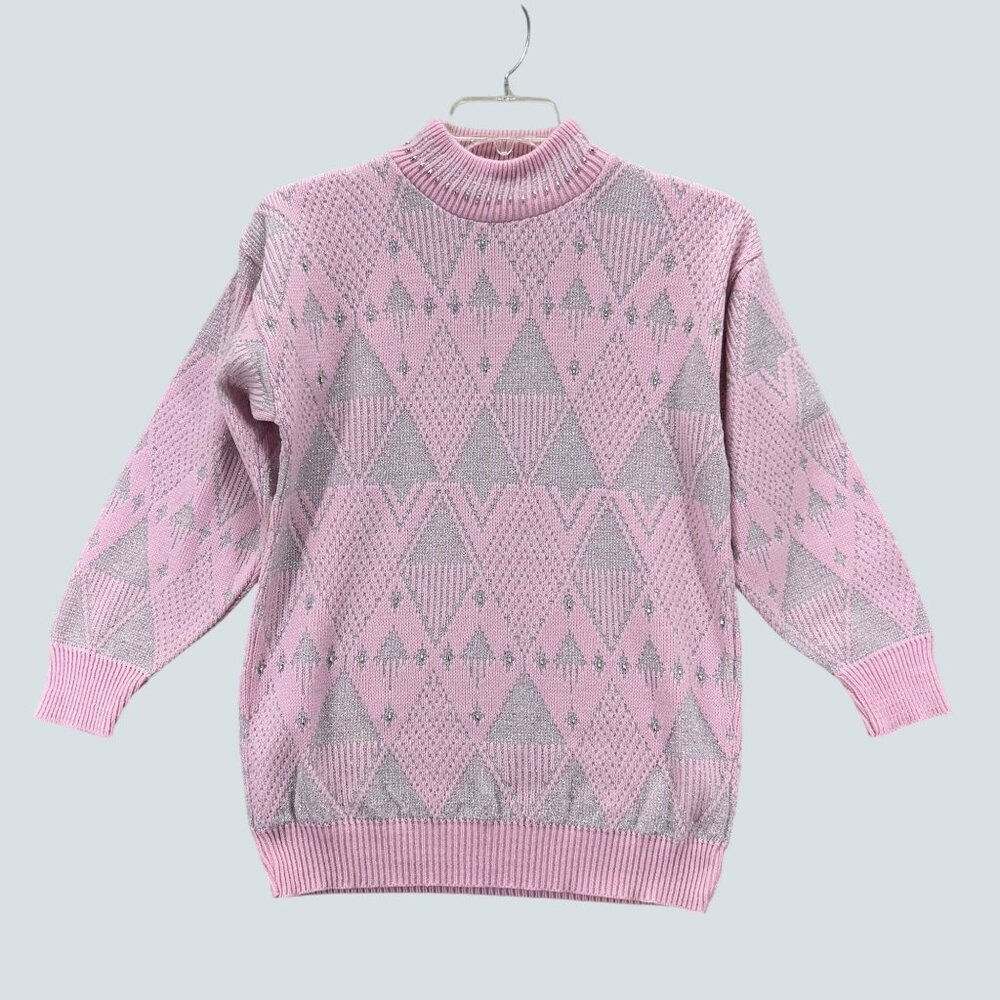 Vintage Pink Silver Metallic Argyle Sweater Mock Neck Women’s Medium Made in USA